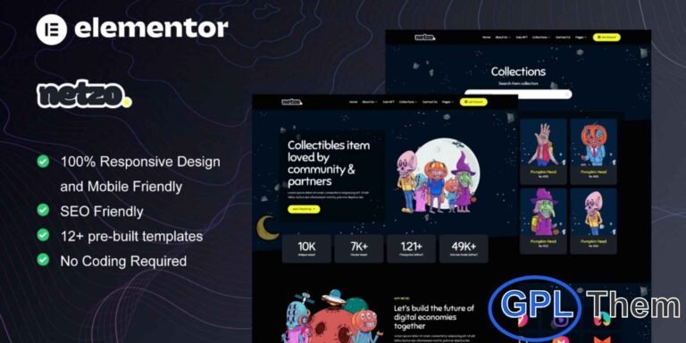 Netzo – NFT Portfolio Elementor Template Kit Netzo is a creative and modern Elementor Template Kit designed specifically for NFT portfolios, digital collectibles, crypto art, and blockchain-based digital item websites. With 12 professionally crafted templates, this kit offers stylish layouts that make it easy to showcase NFT collections, digital assets, and artist portfolios.