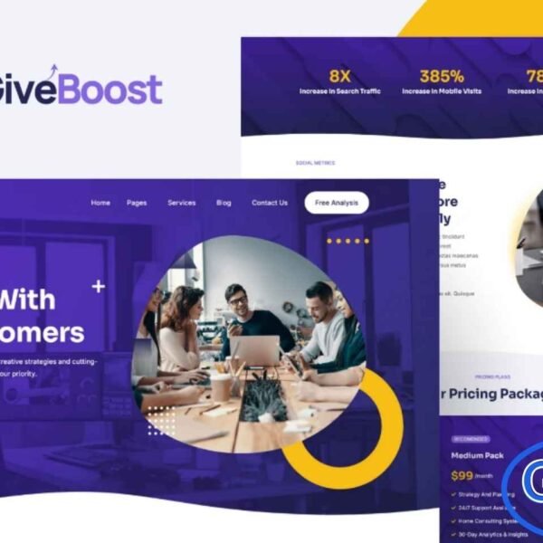 Give Boost – Digital Marketing Agency Elementor Template Kit Give Boost is a premium Elementor Template Kit designed for digital marketing agencies, SEO experts, and online marketing professionals. Built with Elementor Pro, this kit offers a modern, clean, and fully responsive design to create a professional website effortlessly.