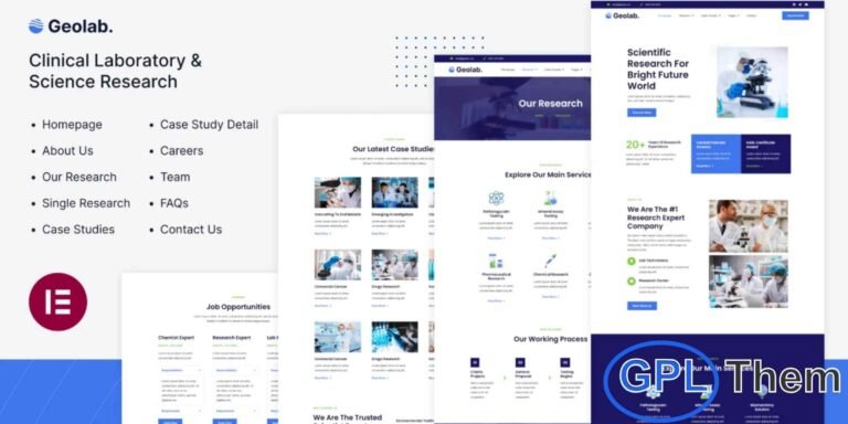 Geolab – Clinical Laboratory & Science Research Elementor Template Kit Geolab is a modern and professional Elementor Pro Template Kit designed for clinical laboratories, medical research facilities, and science-focused businesses such as chemistry and biology labs. Featuring a clean and feature-rich design, Geolab offers a fully responsive and retina-ready layout that ensures your website looks great on all devices.