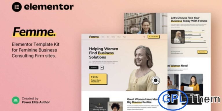 Femme – Feminine Business Consulting Elementor Template Kit Femme is a modern, elegant, and feminine Elementor Template Kit designed for creating professional websites for business consulting firms, female consultants, life coaches, women leaders, finance advisors, and other service-based professionals.