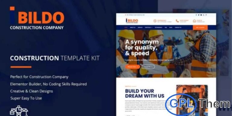 Bildo – Construction Elementor Template Kit Bildo is a modern and professional Construction Elementor Template Kit designed specifically for construction companies, building contractors, architecture firms, and industrial service providers. Featuring a clean and visually appealing layout, this template kit helps you create a strong online presence with ease.