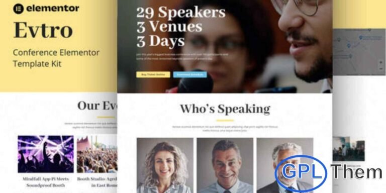 Evtro – Conference Event Elementor Template Kit Evtro is a modern, creative, and professionally designed Conference Event Elementor Template Kit perfect for building engaging websites for conferences, meetings, webinars, and corporate events. Featuring a clean and unique layout, Evtro enhances your online presence with visually appealing pages that are easy to customize using Elementor.