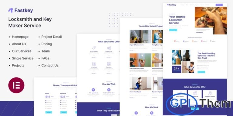 Fastkey – Locksmith & Key Maker Service Elementor Template Kit Fastkey is a modern and clean Elementor Template Kit designed for creating professional websites for locksmiths, key makers, and home security service providers. Ideal for businesses offering lock repair, key duplication, smart lock installations, door repair, and related services, this kit delivers a polished and trustworthy online presence.