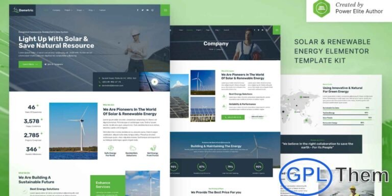Dometric – Solar & Renewable Energy Elementor Template Kit Dometric is a professionally designed Elementor Template Kit crafted for Solar Energy, Wind Power, Green Energy, Renewable Energy, and Eco-Friendly Technology businesses. Featuring a clean, modern, and polished layout, this kit allows you to build an impactful website that highlights sustainable solutions.