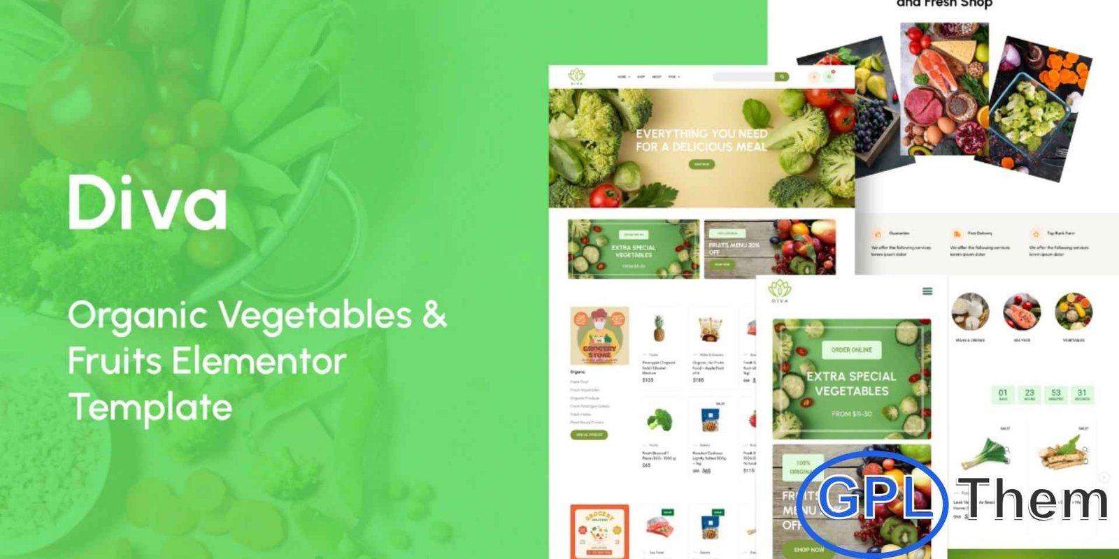 Diva – Organic Vegetables & Fruits Elementor Template Kit Diva – Organic Vegetables & Fruits Elementor Template Kit Diva is a beautifully designed Elementor Template Kit perfect for building modern, eco-friendly online stores for organic vegetables, fruits, and grocery businesses. Developed for use with Elementor Pro and WooCommerce, this kit allows you to create a fully functional and visually appealing eCommerce website in just a few clicks.