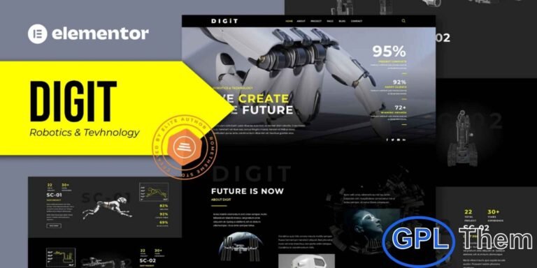 Digit – Robotics & Technology Elementor Template Kit Digit is a modern, fully responsive Robotics & Technology Elementor Template Kit designed for businesses offering robotics, AI solutions, automation services, and advanced tech innovations. Featuring a sleek dark-style design and a clean, professional layout, this template kit allows you to build a cutting-edge technology website with ease.