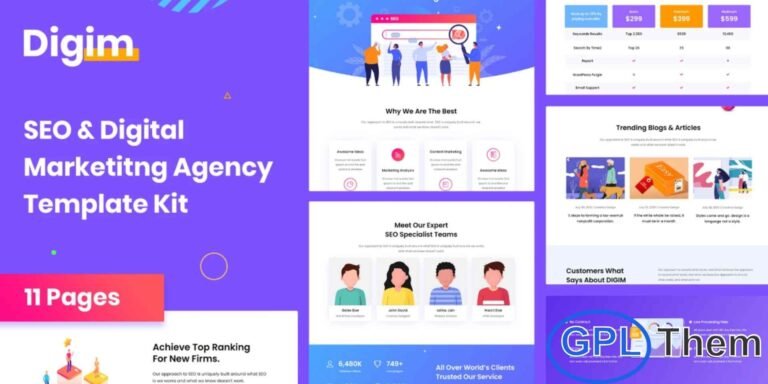 Digim – SEO & Digital Marketing Elementor Template Kit Digim is a modern and user-friendly Elementor Template Kit crafted for SEO agencies, digital marketing companies, startups, SaaS platforms, tech businesses, and creative agencies. Built with a clean and optimized structure, this kit ensures fast performance, responsive layouts, and easy customization without any coding.