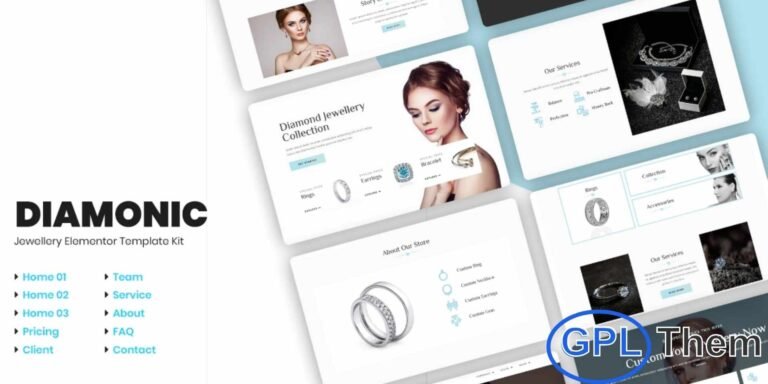 Diamonic – Jewellery Store Elementor Template Kit Diamonic is a stylish and modern WooCommerce Elementor Template Kit crafted specifically for jewelry businesses and online stores. Perfect for showcasing diamonds, gemstones, necklaces, earrings, and fashion jewelry, this kit helps you build a premium-looking WordPress website effortlessly.