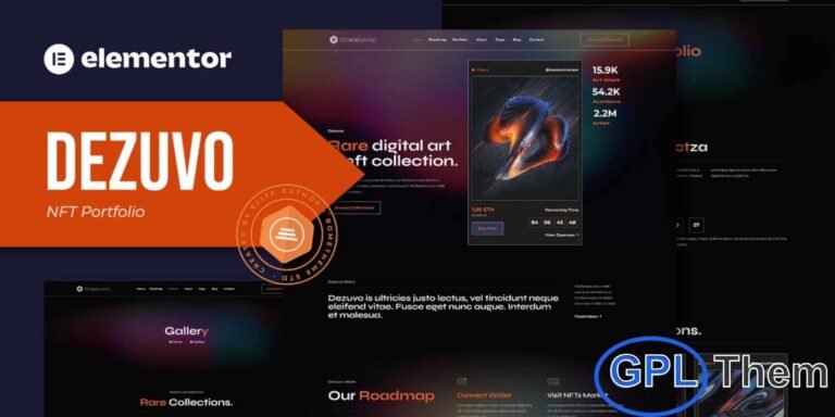 Dezuvo – NFT Portfolio Elementor Template Kit Dezuvo is a modern and visually striking NFT Portfolio Elementor Template Kit designed to help creators, artists, and collectors showcase their digital assets professionally. With its elegant layout and fully responsive structure, this kit makes it effortless to build a captivating NFT portfolio website using Elementor—no coding required.