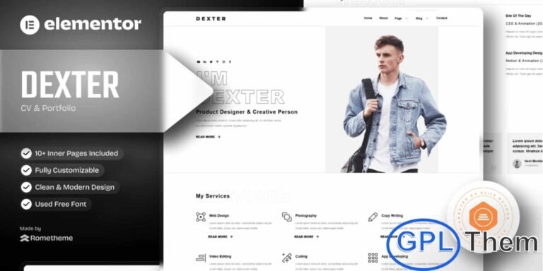 Dexter – Personal Portfolio Elementor Template Kit Dexter is a clean, modern, and fully responsive Elementor Template Kit designed to help creatives build a standout personal portfolio with ease. Perfect for designers, product designers, freelancers, and professionals looking to showcase their skills, CV, and projects, this kit offers a beautifully structured layout that is simple to customize using Elementor—no coding required.