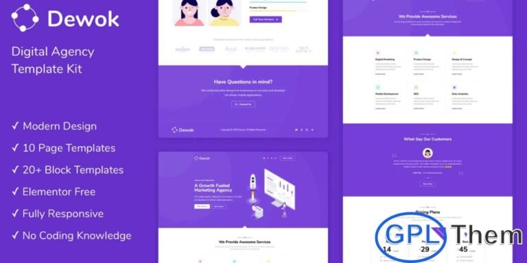 Dewok – Digital Agency Elementor Template Kit Dewok is a modern and stylish Elementor Template Kit designed for digital agencies, creative portfolios, startups, and marketing landing page websites. Built to match the latest design trends, this kit offers a clean and professional look that helps you showcase your services and portfolio with ease.