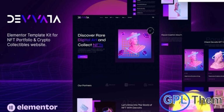 Devvata – NFT Portfolio Elementor Template Kit Devvata is a modern, clean, and fully responsive Elementor Template Kit designed for creating professional websites in the NFT and crypto space. Perfect for NFT portfolios, marketplaces, crypto-collectibles, digital art galleries, blockchain platforms, and fintech businesses, this kit offers a sleek design that adapts beautifully across all devices.
