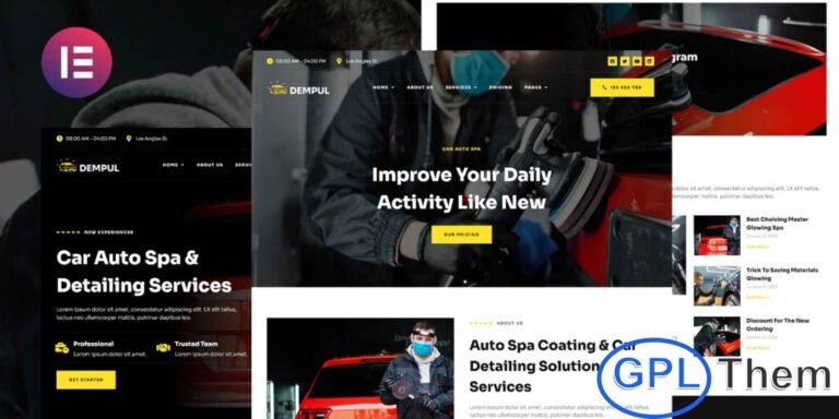 Dempul – Car Auto Spa & Detailing Services Elementor Template Kit Dempul is a premium Elementor Template Kit crafted for car spa, auto detailing, vehicle cleaning, polishing, and automotive care service websites. Designed with Elementor Pro, it features a clean, modern layout that ensures a professional online presence for your auto service business.