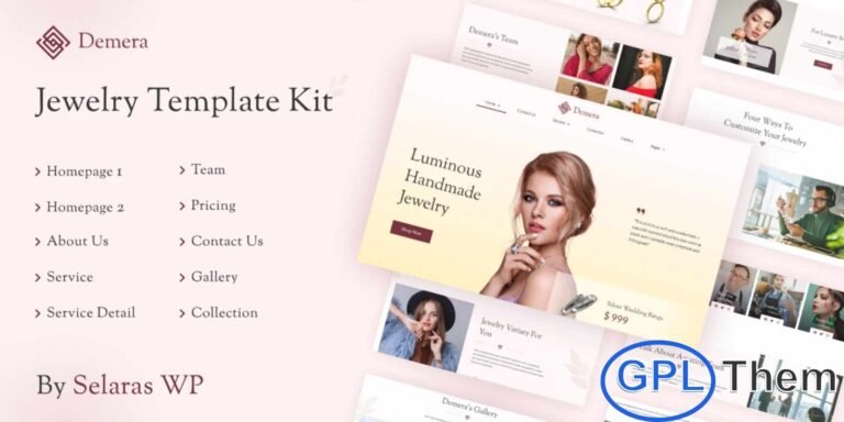 Demera – Jewelry Manufacturer & Store Elementor Template Kit Demera is a beautifully designed Elementor Template Kit tailored for jewelry manufacturers, online jewelry stores, goldsmiths, and luxury accessory brands. With its elegant and modern layout, this kit helps you build a premium WordPress website that highlights your products with style and clarity.