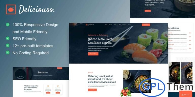 Deliciouso – Catering & Restaurant Elementor Template Kit Deliciouso is a modern and elegant Elementor Template Kit designed for catering services, restaurants, cafés, and food-related businesses. Featuring a clean, professional, and easy-to-navigate layout, this kit helps you create a visually appealing website that showcases your menu, services, and brand effectively.