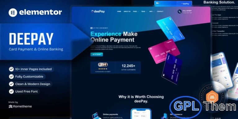 DeePay – Card Payment & Online Banking Elementor Template Kit DeePay is a modern and fully responsive Elementor Template Kit designed for online banking, card payment services, fintech startups, and financial applications. With its clean and creative design, DeePay helps you build a professional website that showcases your financial services, payment solutions, or app features effectively.