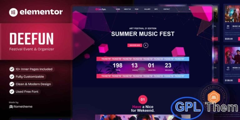DeeFun – Festival & Event Organizer Elementor Template Kit DeeFun is a vibrant and modern Elementor Template Kit designed for event organizers, festivals, conferences, parties, music events, and entertainment businesses. With its clean and engaging design, DeeFun helps you showcase your events, services, and brand professionally.