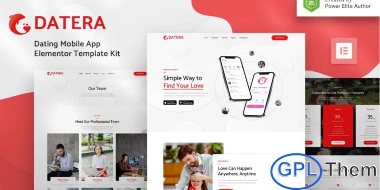 Datera – Online Dating Mobile App Landing Elementor Template Kit Datera is a modern and fully responsive Elementor Template Kit designed for creating professional WordPress websites for online dating apps, mobile app landing pages, SaaS platforms, software products, and other IT-related services.