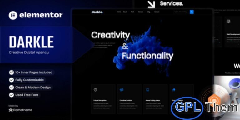Darkle – Creative & Digital Agency Elementor Template Kit Darkle is a modern and fully responsive Elementor Template Kit designed for digital agencies, creative studios, freelancers, and online portfolios. With its unique and visually appealing design, Darkle allows businesses and individuals to showcase their projects, services, and expertise professionally.