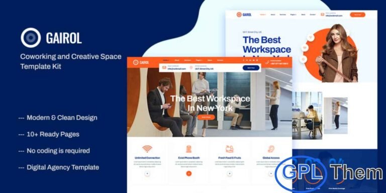 Gairol – Coworking & Creative Space Elementor Template Kit Gairol is a modern Elementor Template Kit crafted for coworking spaces, creative studios, and shared workspaces. Designed with a clean and professional layout, this kit allows you to quickly build a fully responsive website that looks great on all devices.