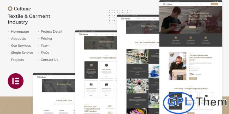 Cottone – Textile & Garment Industry Elementor Template Kit Cottone is a modern and professional Elementor Template Kit designed for the textile and garment industry. Ideal for textile businesses, clothing companies, fabric factories, and related manufacturing enterprises, this kit offers a sleek and visually appealing design.