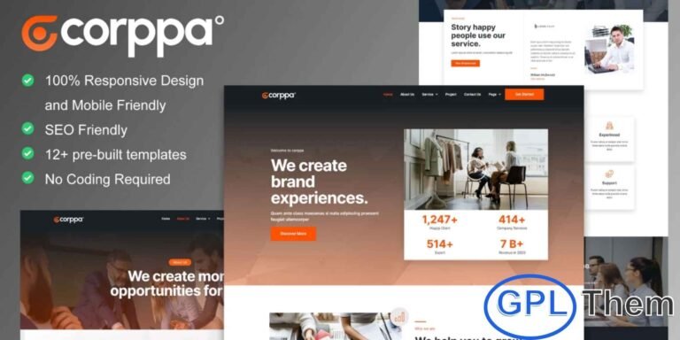 Corppa – Business & Portfolio Elementor Template Kit Corppa is a modern Elementor Template Kit designed for creative brand agencies and professional portfolios. Featuring a clean, stylish, and professional layout, this template is ideal for showcasing digital branding, branding strategy services, product branding, and related agency offerings.