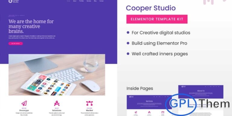 Cooper – Studio Elementor Template Kit Cooper – Studio Elementor Template Kit is a modern solution designed to showcase the portfolio, projects, and services of creative digital studios, agencies, and freelancers. Fully responsive and cross-browser compatible, this template kit ensures your website looks professional on all devices.
