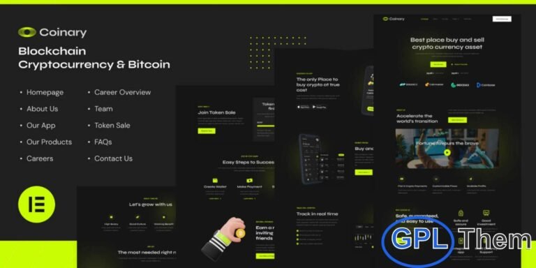 Coinary – Blockchain, Cryptocurrency & Bitcoin Elementor Template Kit Coinary – Blockchain, Cryptocurrency & Bitcoin Elementor Template Kit is a modern and professional solution for creating WordPress websites in the crypto and fintech space. Featuring a sleek dark-style UI, this template kit is perfect for Bitcoin platforms, blockchain projects, cryptocurrency services, ICO agencies, fintech companies, and other financial technology businesses.
