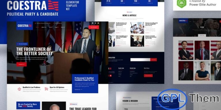 Coestra – Political Party & Candidate Elementor Template Kit Coestra – Political Party & Candidate Elementor Template Kit is a modern and elegant solution for creating professional WordPress websites for political parties, politicians, candidates, government organizations, activists, or election campaigns. Featuring a sleek and professional design, Coestra is fully responsive, retina-ready, and optimized for all devices.