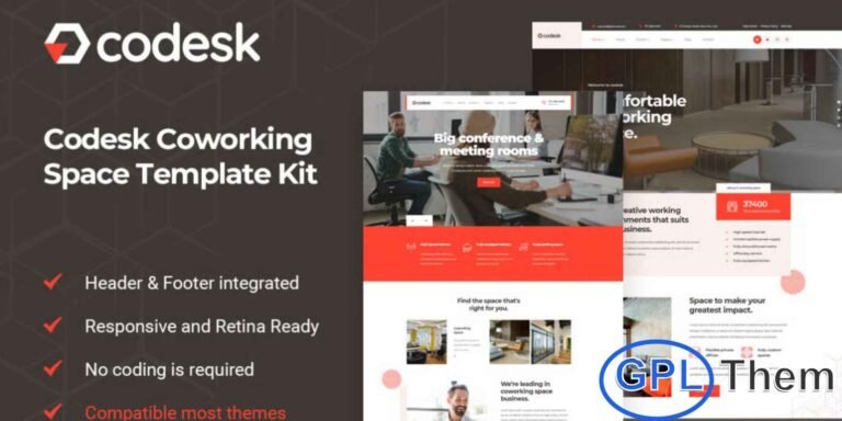 Codesk – Coworking Space Elementor Template Kit Codesk – Coworking Space Elementor Template Kit is a modern and professional solution designed for coworking hubs, shared office spaces, open offices, meeting rooms, conference rentals, startups, studios, and corporate workspaces. With clean layouts and a fully responsive design, this kit makes it easy to build a polished WordPress website that highlights your workspaces, amenities, pricing plans, and services.