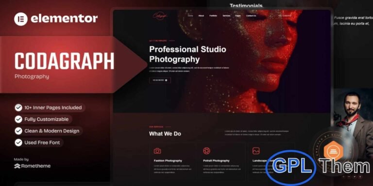 Codagraph – Photography & Portfolio Elementor Template Kit Codagraph – Photography & Portfolio Elementor Template Kit is a clean, creative, and visually elegant solution designed for photographers, photo galleries, studios, and creative professionals. With beautifully crafted layouts and a fully responsive design, this kit helps you showcase your work, services, and portfolio in a polished and modern way.