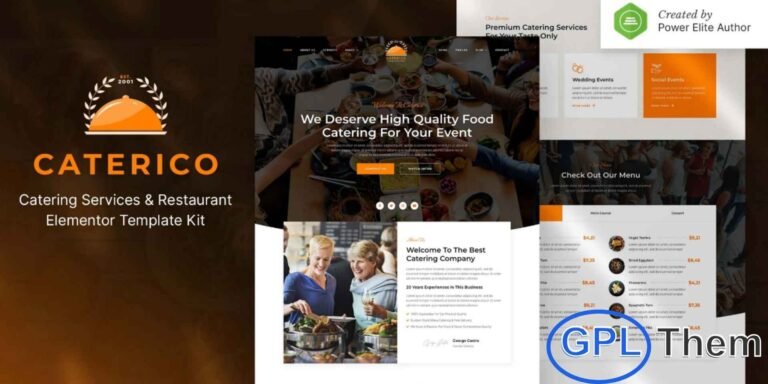 Caterico – Catering Services & Restaurant Elementor Template Kit Caterico is a modern and clean Elementor Template Kit designed for catering services, restaurants, and a wide range of food-related businesses. With its sleek, professional layout and visually engaging design, this kit helps you build a stunning website that highlights menus, services, events, and more.