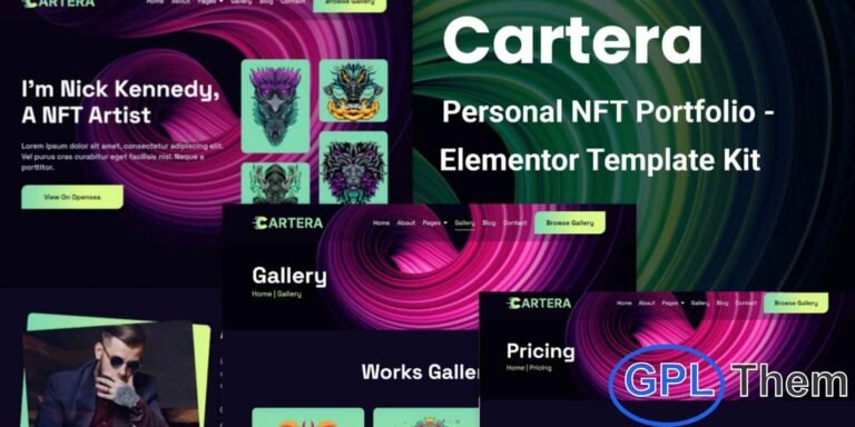 Cartera – Personal NFT Portfolio Elementor Template Kit Cartera is a modern and SEO-friendly Personal NFT Portfolio Elementor Template Kit designed to help you build a stunning digital presence with ease. Perfect for NFT creators, digital artists, crypto collectors, and Web3 enthusiasts, this kit offers clean, user-friendly layouts that require no coding.