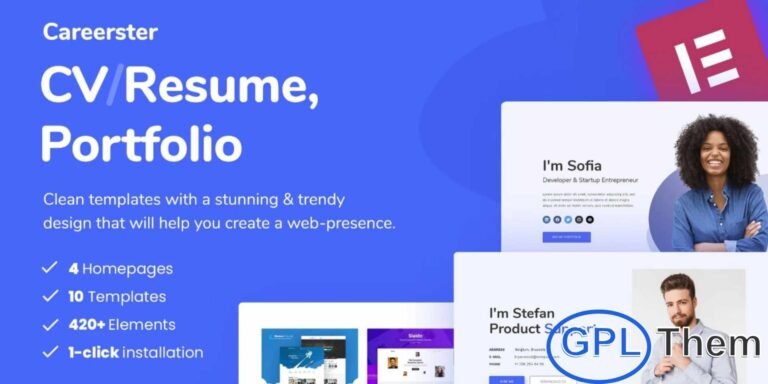Careerster – CV/Resume Elementor Template Kit Careerster is a modern and stylish Elementor Template Kit designed to help professionals build an impressive online presence. Ideal for developers, designers, programmers, freelancers, artists, coders, and creators, this kit allows you to create a personal CV, resume, or portfolio website that effectively showcases your skills, experience, and projects.