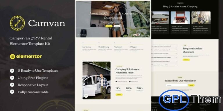 Camvan – Campervan & RV Rental Elementor Template Kit Camvan is a modern and professional Elementor Template Kit designed for campervan and RV rentals, motorhome services, adventure tourism, and vehicle rental businesses. This kit is not a WordPress theme but a collection of pre-designed templates for Elementor, making it easy to create a professional website without any coding knowledge.