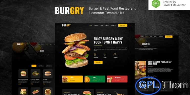 Burgry – Burger & Fast Food Restaurant Elementor Template Kit Burgry is a stylish and modern Elementor Template Kit designed for burger bars, fast food joints, cafes, restaurants, and other food-related businesses.