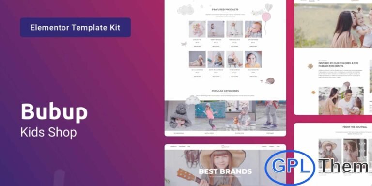 Bubup – Kids Store & Baby Shop Elementor Template Kit Bubup is a beautifully crafted Kids Store & Baby Shop Elementor Template Kit designed to help you build a charming and user-friendly online store for children’s clothing, toys, and baby products. Fully compatible with WooCommerce, this kit offers a seamless setup for showcasing and selling products with ease. Built using Elementor and Elementor Pro, Bubup allows effortless customization without any coding, making it perfect for beginners and professionals alike.