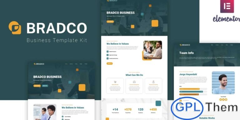 Bradco – Business Elementor Template Kit Bradco is a modern and creatively designed Elementor Template Kit crafted to help businesses establish a strong and professional online presence. This kit features a striking visual style that blends rounded elements with vibrant yellow tones, perfectly balanced by a clean and formal blue palette.