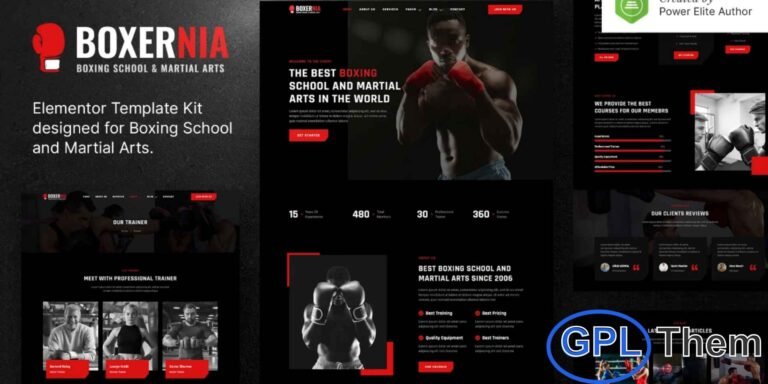 Boxernia – Boxing School & Martial Arts Elementor Template Kit Boxernia is a professionally designed Elementor Template Kit tailored for boxing schools, martial arts academies, and fitness training centers. Built for the Elementor Page Builder on WordPress, this kit features a modern, dynamic, and fully responsive layout optimized for all devices.