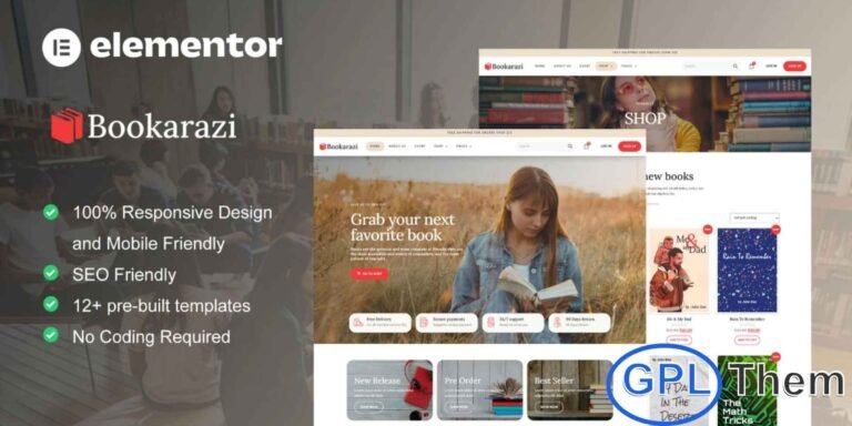 Bookarazi – Author & Publisher Elementor Template Kit Bookarazi is a beautifully designed Elementor Template Kit crafted for authors, publishers, book stores, and literary professionals. With its clean, modern layout and 12+ pre-built templates, it allows you to create a professional book-focused website quickly and easily—no coding required.