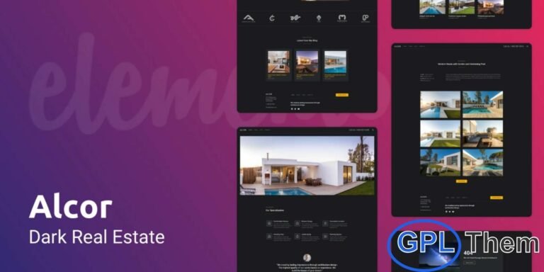 Alcor – Dark Real Estate Elementor Template Kit Alcor is a sleek and modern dark-themed Elementor Template Kit designed specifically for real estate businesses. Perfect for realtors and agencies, it allows you to showcase properties for sale or rent, including homes, apartments, and offices. With a fully responsive layout and cross-browser compatibility, Alcor ensures a seamless browsing experience on all devices.