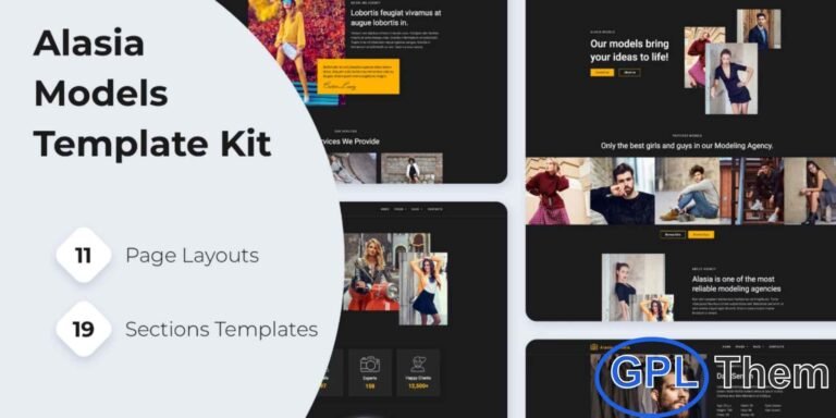 Alasia – Model Agency Elementor Template Kit Alasia is a sleek and modern Elementor Template Kit designed specifically for model agencies, talent agencies, and fashion portfolios. With its professional and stylish layout, it allows you to showcase models, talent profiles, and agency services with elegance and ease.