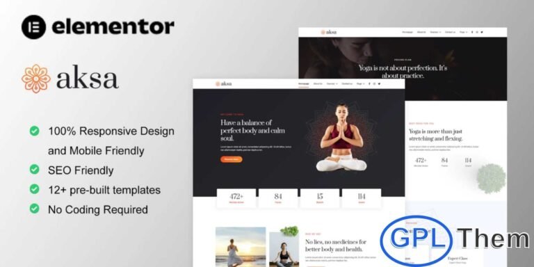 Aksa – Yoga Teacher & Studio Elementor Template Kit Aksa is a modern and creative Elementor Template Kit designed for yoga teachers, studios, meditation centers, and fitness or lifestyle businesses. Featuring 12 pre-built, beautifully designed templates, it helps you create a professional and visually appealing website effortlessly.