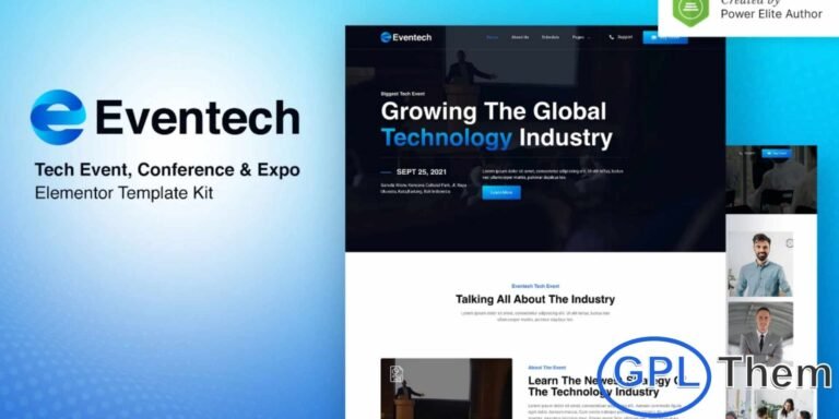 Eventech – Tech Event Conference & Expo Elementor Template Kit Eventech is a modern and professionally crafted Elementor Template Kit designed specifically for tech events, conferences, expos, meetups, tech competitions, educational seminars, and event organizer websites. Its creative and unique design ensures a visually striking online presence, helping you promote your tech-focused event with ease.