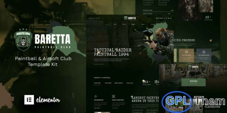 Baretta – Paintball & Airsoft Club Elementor Template Kit (SEO-Friendly Rewrite) Baretta is a sleek and modern Elementor Template Kit designed for Paintball arenas, Airsoft clubs, military simulation games, extreme sports, and other adventure activity websites. Its professional and fully responsive layout ensures your site looks perfect on all devices.