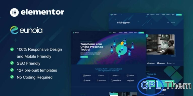 Eunoia – Tech Company & Digital Services Elementor Template Kit Eunoia is a modern and professional Elementor Template Kit crafted for tech companies, blockchain startups, cybersecurity firms, and digital service providers. Designed to help you build a high-performing website quickly and easily, it works seamlessly with the Elementor Page Builder plugin for WordPress.