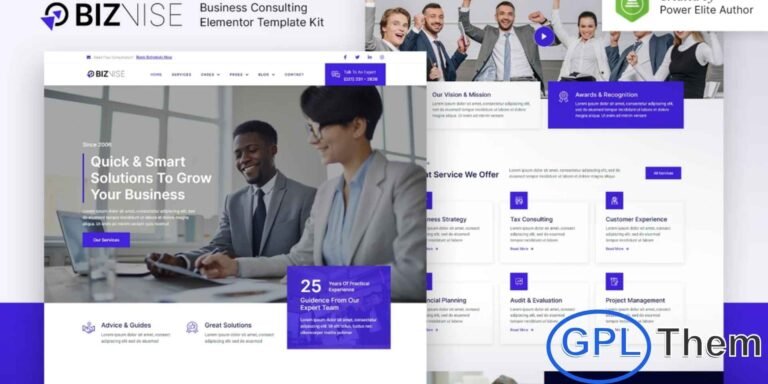 Biznise – Business Consulting Elementor Template Kit Biznise is a modern, clean, and professionally designed Elementor Template Kit built for business consulting and service-based companies. It is ideal for consulting firms, financial advisors, accountants, insurance agencies, digital agencies, and other service-oriented businesses looking to create a polished online presence.