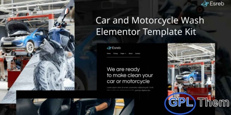 Esreb – Car & Motorcycle Wash Elementor Template Kit Esreb is a modern and professional Elementor Template Kit designed for car and motorcycle wash businesses, whether personal or company-owned. With a clean and contemporary layout, this kit helps you showcase your services effectively and attract more clients.
