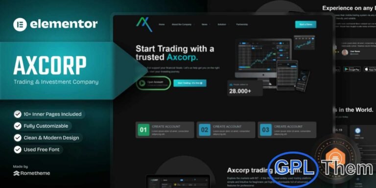 Axcorp – Trading & Investment Company Elementor Pro Full Site Template Kit Axcorp is a premium Elementor Pro Full Site Template Kit designed for trading, investment, fintech, crypto, and ICO websites. This kit allows you to quickly create a complete, professional WordPress website with a modern and trustworthy design.