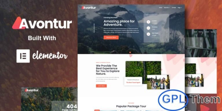 Avontur – Modern Tour & Travel Elementor Template Kit Avontur is a modern and creative Elementor Template Kit designed for travel agencies, tour operators, and adventure service websites. Featuring 12 pre-built templates with sleek, professional designs, it allows you to showcase tours, travel packages, and related services with ease.